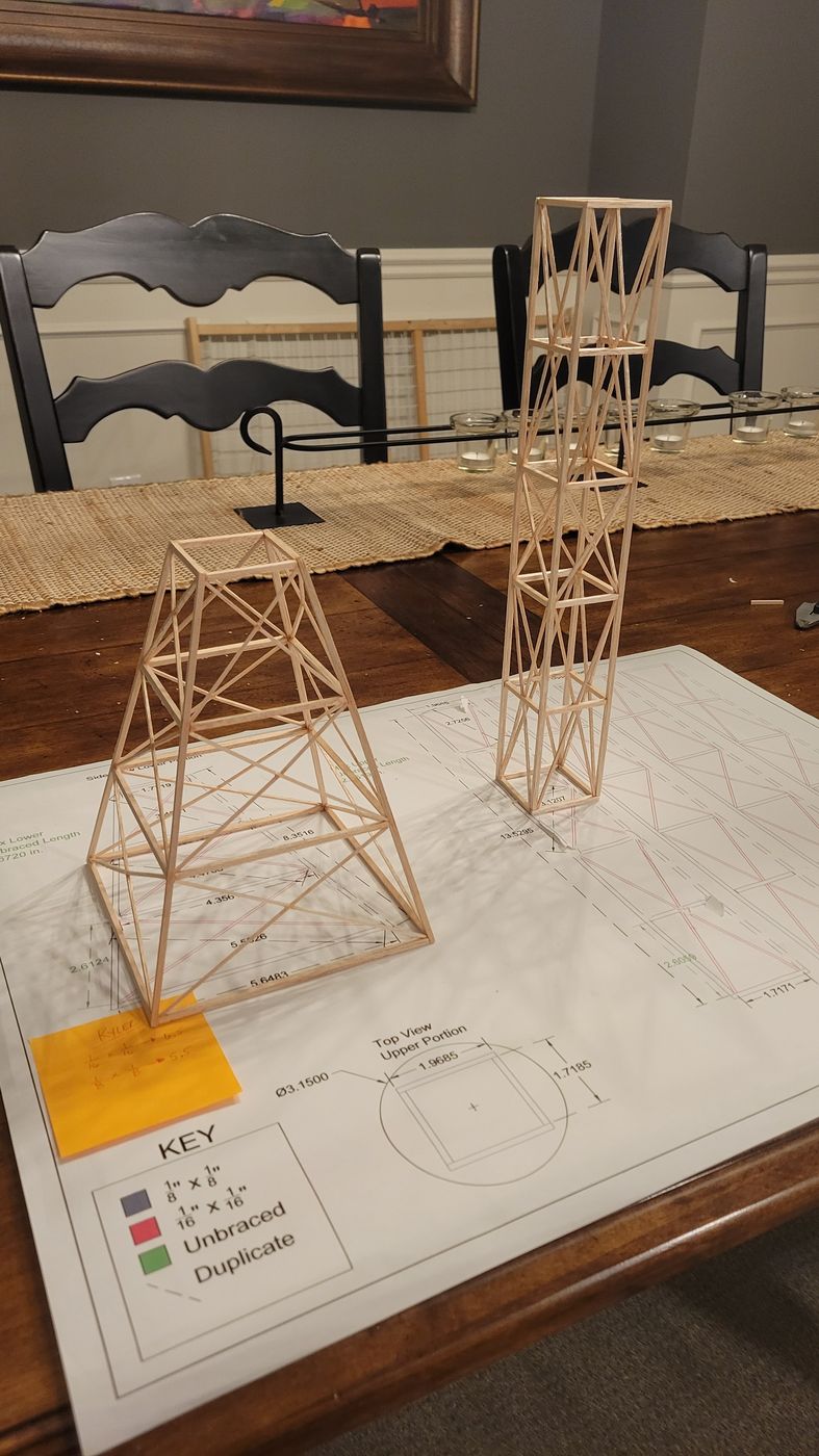 Two finished balsa towers